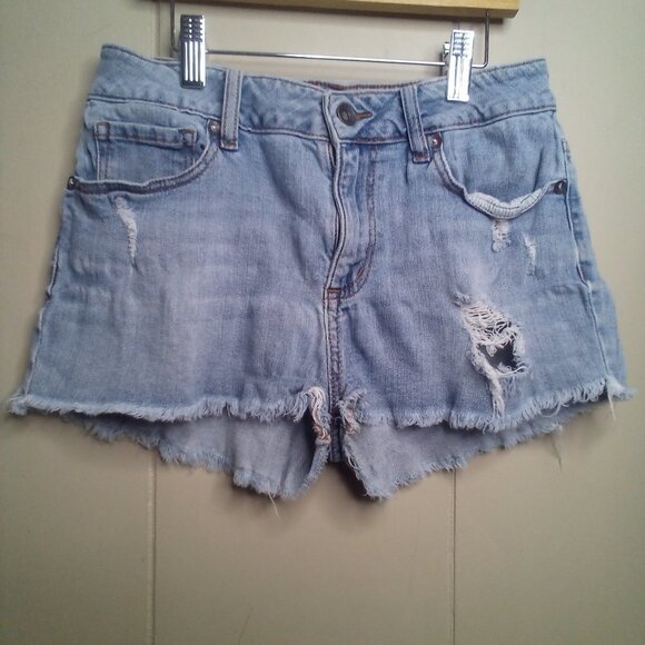 Bullhead Shorts 5 Denim Distressed Raw Hem Blue - Picture 11 of 12